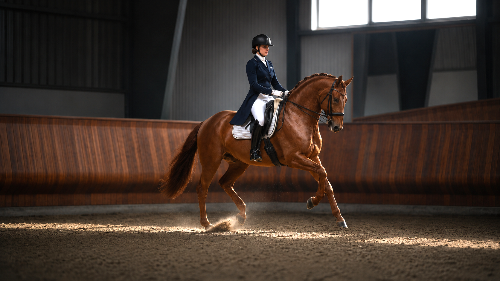 Warm bay dressage horse performing in a professional arena