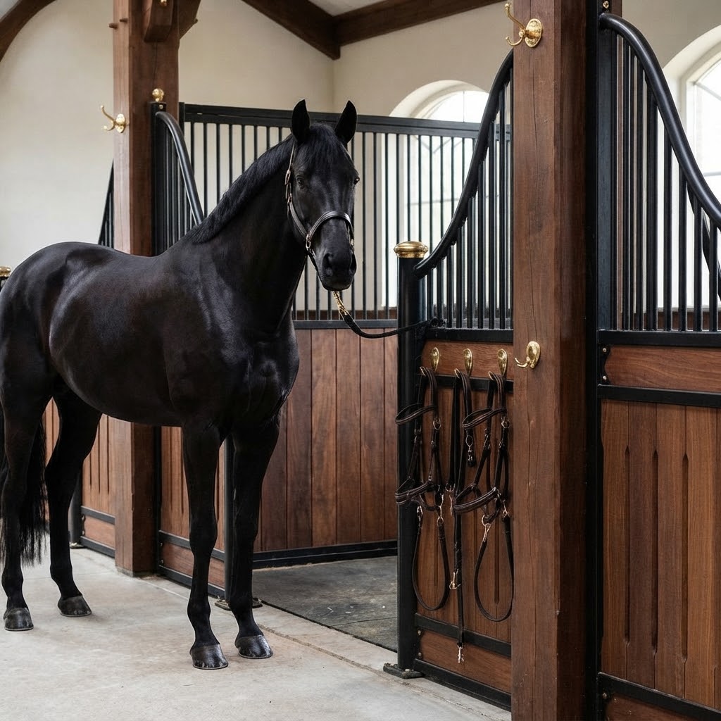Powerful black sport horse in a clean, modern wooden stall