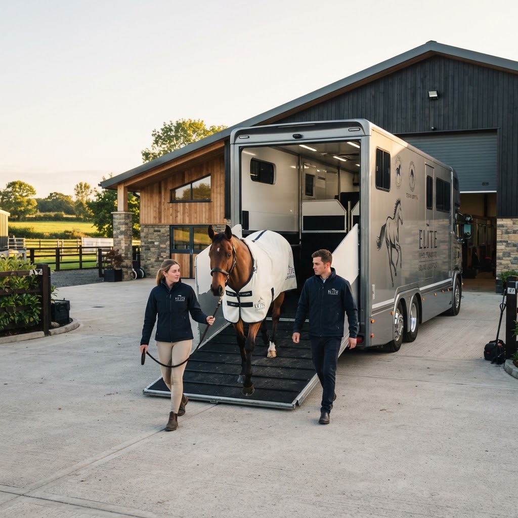 Horse is led out of a luxury horsebox by two grooms