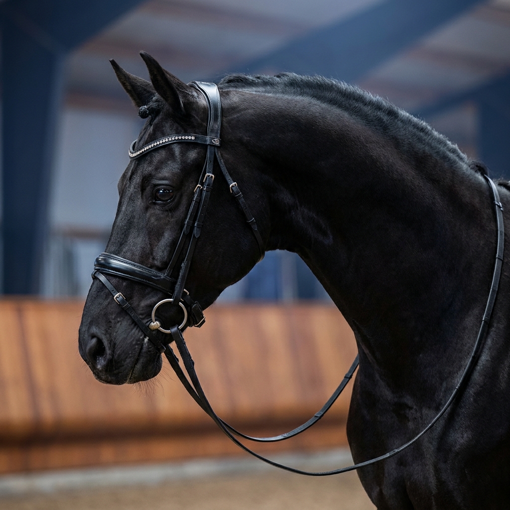 Realistic black leather dressage saddle on a grooming stall partition