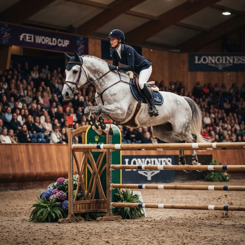 Grey showjumper clearing a large obstacle
